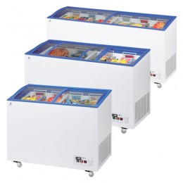 Curved sliding lid chest freezers, different sizes with baskets