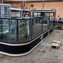l shaped run of bakery 1 year old consisting of all independant 1.5 mtr modules plus corner and 2 independant ambient 1120 wide 1800 ht tall displays immaculate condition please ring for further details 